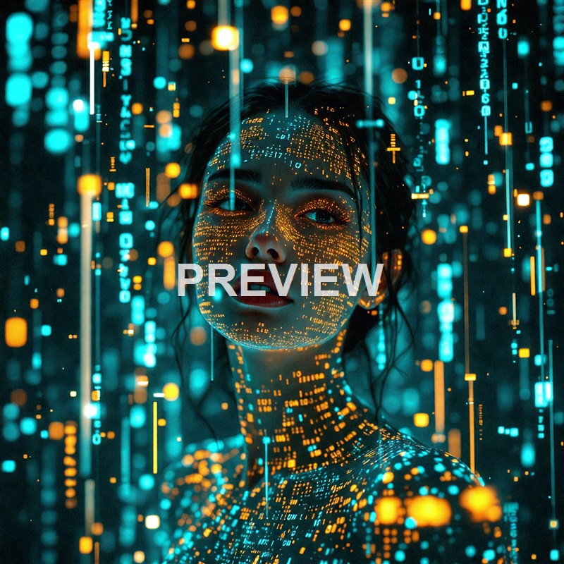A woman with digital code and glowing data streams projected onto her face and body, creating a futuristic and cybernetic visual effect.